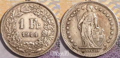 Швейцария 1 франк 1944 года, Ag, KM# 24, a150-116