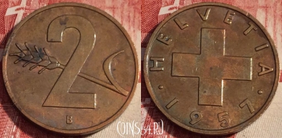 Швейцария 2 раппена 1957 года, KM# 47, b062-137