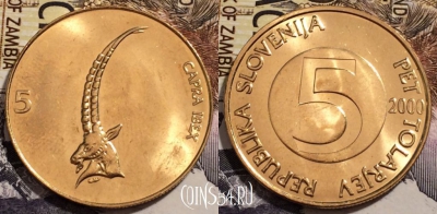 Словения 5 толаров 2000 года, KM# 6, 240-058