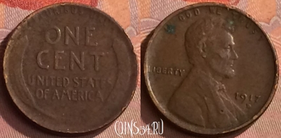 США 1 цент 1917 года D, KM# 132, 283o-115