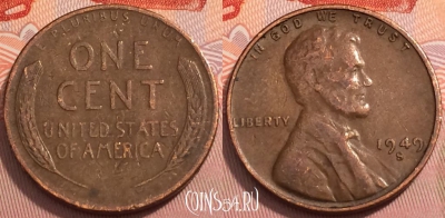 США 1 цент 1949 S, редкий год, KM# A132, 249-101
