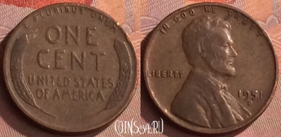 США 1 цент 1951 года D, KM# A132, 281o-071