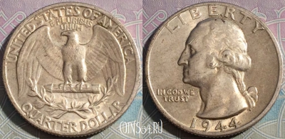 Монета США 25 центов (квотер) 1944 года, Ag, KM# 164, a087-039