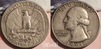 США 25 центов (квотер) 1961 года D, Ag, KM# 164, a063-024