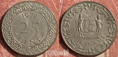Суринам 25 центов 1972 года, KM# 14, 453o-059 ♛