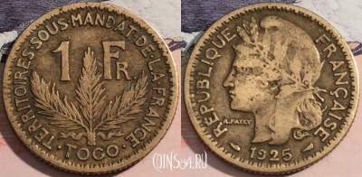 Того 1 франк 1925 года, редкая, KM# 2, a093-056