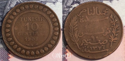 Тунис 10 сантимов 1908 года, KM# 236, 165-121