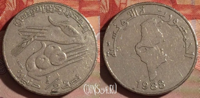 Тунис 1/2 динара 1988 года, KM# 318, 079e-015