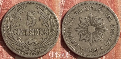 Уругвай 5 сентесимо 1909 года, KM# 21, 453o-004 ♛