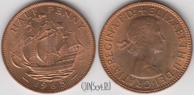 Великобритания 1/2 пенни 1965 года, KM# 896, 135-121