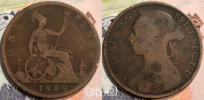 Великобритания 1 пенни 1889 года, KM# 755, 132-020
