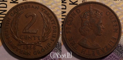 Восточные Карибы 2 цента 1958 года, KM# 3, 234-012