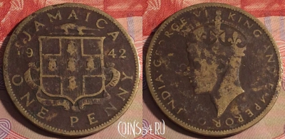 Ямайка 1 пенни 1942 года, KM# 32, 215a-025