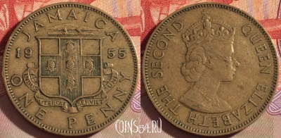 Ямайка 1 пенни 1955 года, KM# 37, 088b-087