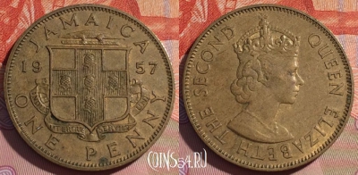 Ямайка 1 пенни 1957 года, KM# 37, 153b-144