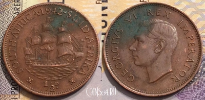 ЮАР (Южная Африка) 1/2 пенни 1942 года, KM# 24, 149-102