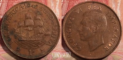 ЮАР (Южная Африка) 1 пенни 1942 года, KM# 25, 208-122
