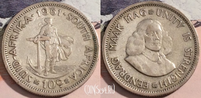 Монета ЮАР 10 центов 1961 года, Серебро, Ag, KM# 60, a093-140
