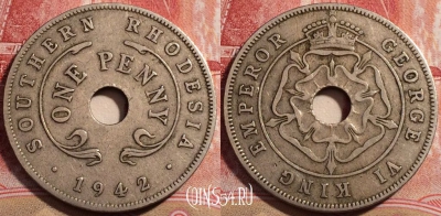 Южная Родезия 1 пенни 1942 года, KM# 8, 224-119
