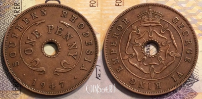 Южная Родезия 1 пенни 1947 года,	KM# 8a, 152-134
