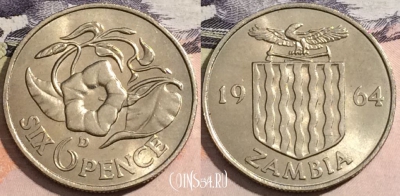 Замбия 6 пенсов 1964 года, КМ# 1, UNC, 172-012