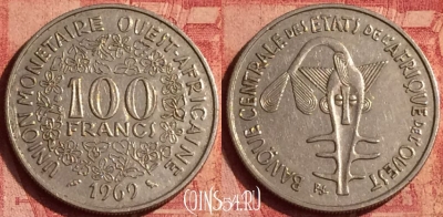 Западная Африка 100 франков 1969 года, KM# 4, 382o-062