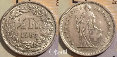 Швейцария 1/2 франка 1958 года, Ag, KM# 23, 202-065