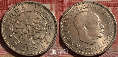 Монета Сьерра-Леоне 5 центов 1964 года, KM# 18, 212-101