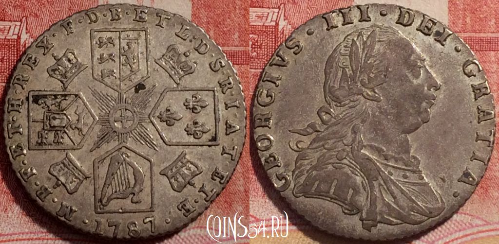 Монета Великобритания 6 пенсов 1787 года, Ag, KM# 606, b060-033