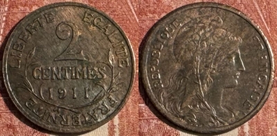 Франция 2 сантима 1911 года, KM# 841, 500р-095 ♛