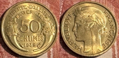 Франция 50 сантимов 1939 года, KM# 894, 500р-102 ♛