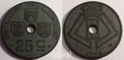 Бельгия 25 сантимов 1945 года, KM# 132, 67-036b