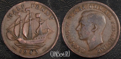 Великобритания 1/2 пенни 1943 года, KM# 844, 82-053b