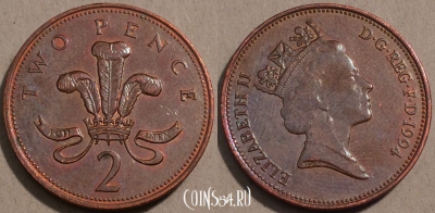 Великобритания 2 пенса 1994 года, KM# 936a, 102-089