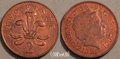 Великобритания 2 пенса 2001 года, KM# 987, 102-096