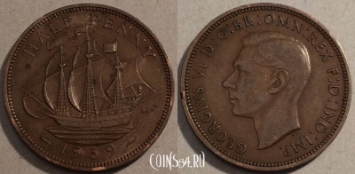 Великобритания 1/2 пенни 1939 года, KM# 844, 103-006