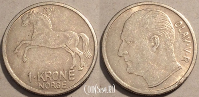 Норвегия 1 крона 1961 года, KM# 409, 103-017