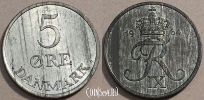Дания 5 эре 1964 года, KM# 843, 103-033