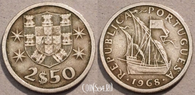 Португалия 2,5 эскудо 1968 год, KM# 590, 103-086