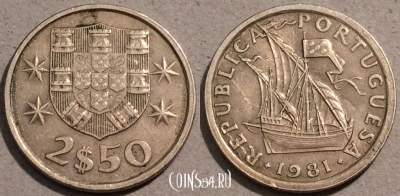 Португалия 2,5 эскудо 1981 год, KM# 590, 103-135