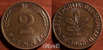 Германия ФРГ 2 пфеннига 1966 года, KM# 106, 50-142