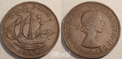 Великобритания 1/2 пенни 1955 года, KM# 896, 084-045a