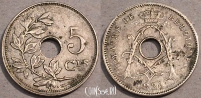 Бельгия 5 сантимов 1928 года, KM# 66, 105-042