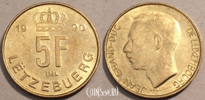 Люксембург 5 франков 1990 года, KM# 65, 105-129