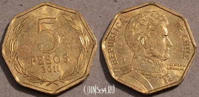 Чили 5 песо 2011 года, KM# 232, 106-029