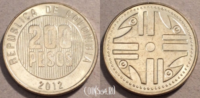 Колумбия 200 песо 2012 года, KM# 287, UNC, 109-007