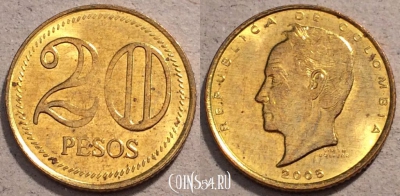 Колумбия 20 песо 2005 года, KM# 294, UNC, 109-011