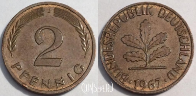 Германия ФРГ 2 пфеннига 1967 года, KM# 106, 85-028b