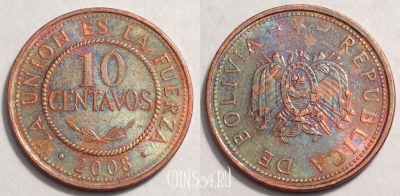 Боливия 10 сентаво 2008 года, KM# 213, 070-061b