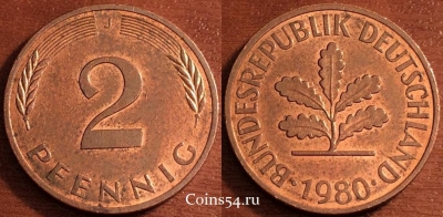 Германия ФРГ 2 пфеннига 1980 года J, KM# 106a, 69-019b